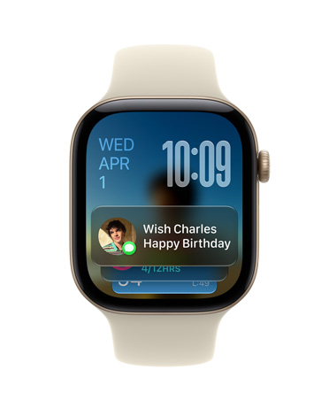 Apple Watch Series 12, Sand Sport Band with Aluminum Light Gold case face shows date at top left, time on top right, and Messages widget at bottom
