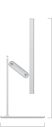 Seitenansicht des Studio Display XDR mit neigungs- und höhenverstellbarem Standfuß, die die Höhe des Displays in der unteren Position zeigt