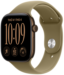 Apple Watch Series 12, vỏ nhôm, màu đồng đậm, mặt đồng hồ Mô-đun, các tổ hợp: thứ và ngày, Bài Tập, nhịp tim, sẵn sàng, mặt ngoài bên phải, Digital Crown, nút sườn, Dây Đeo Thể Thao, màu xanh ô-liu