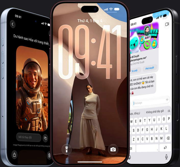 Siri AI – iPhone 18 Pro ở bên trái, mặt sau, màu bạc sáng; iPhone 18 Pro ở giữa, hiển thị bàn phím và Siri đang cung cấp thông tin về trận bóng cricket; iPhone 18 Pro Max ở bên phải, màu đen, hiển thị Siri đang cung cấp một công thức nấu ăn